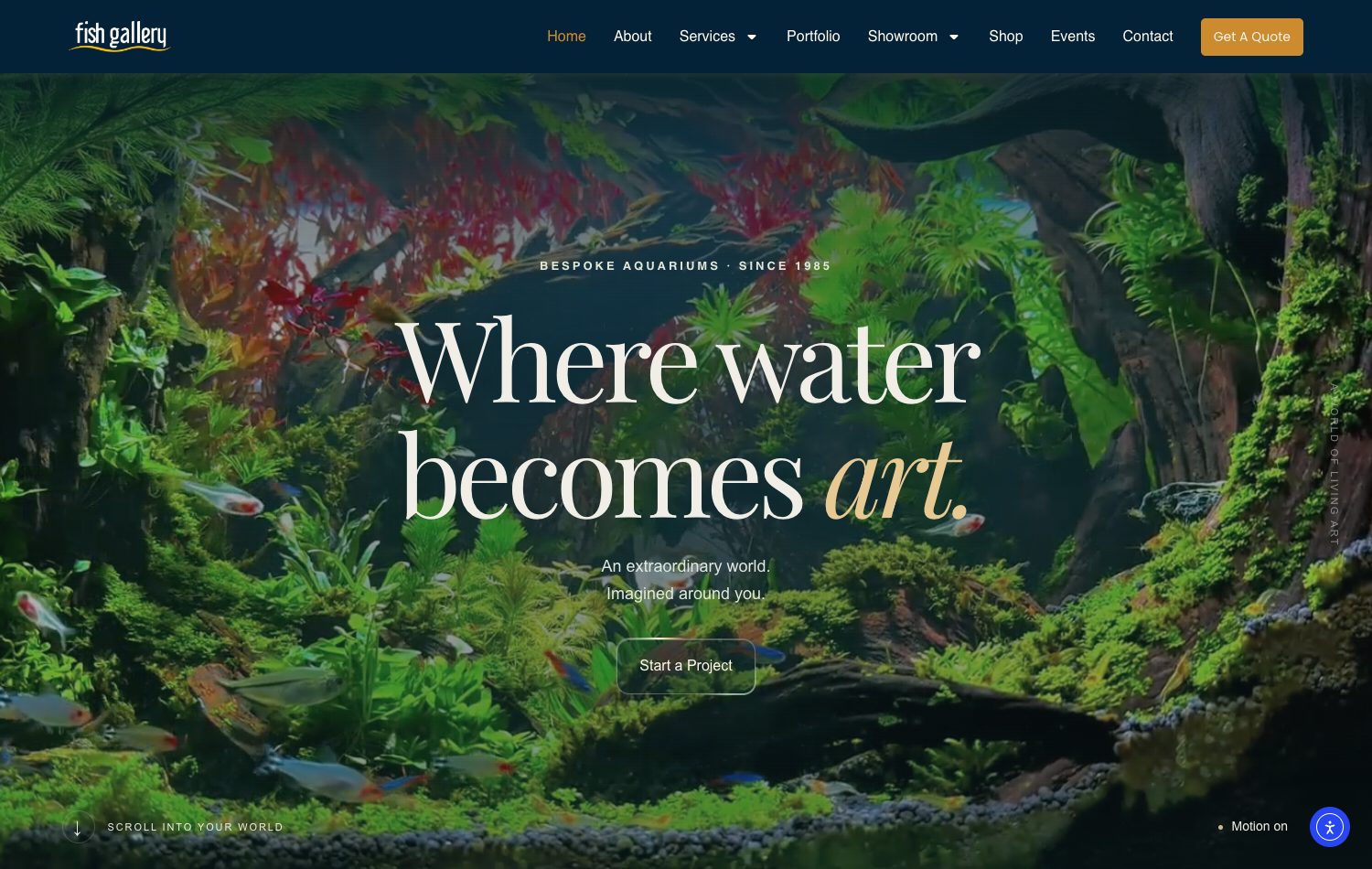 The Fish Gallery homepage: Where water becomes art, over a full-screen planted aquarium