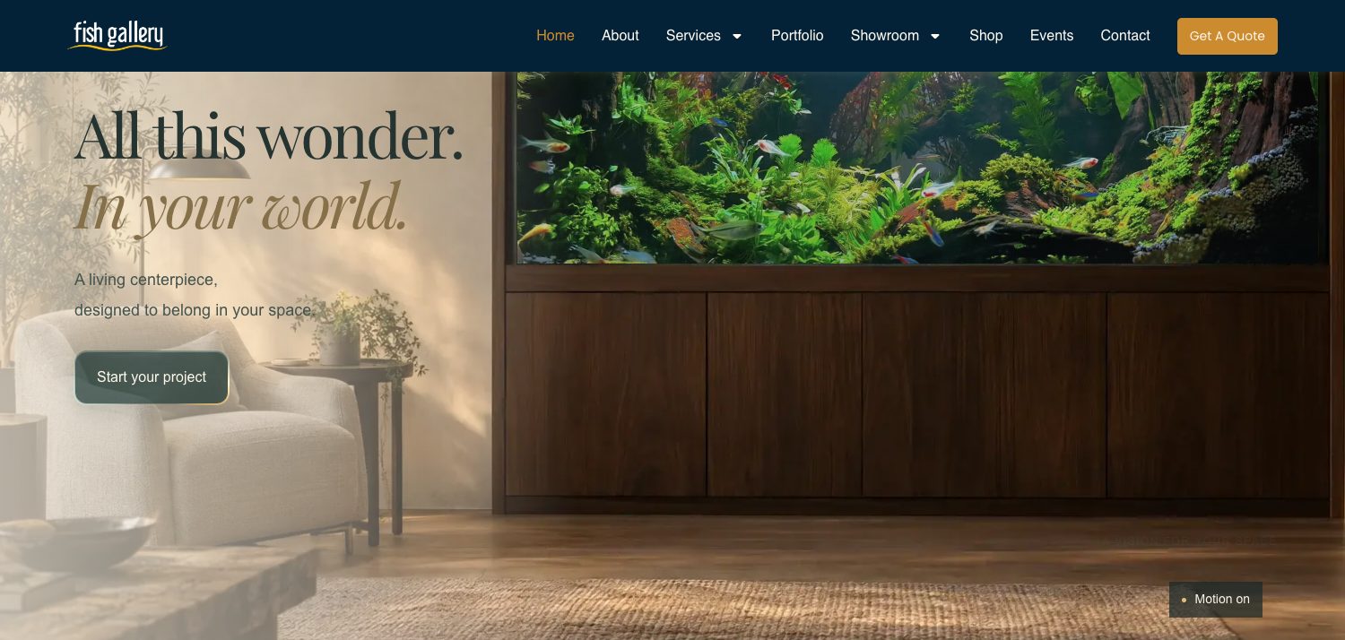 All this wonder. In your world. The aquarium built into a walnut cabinet in a living room