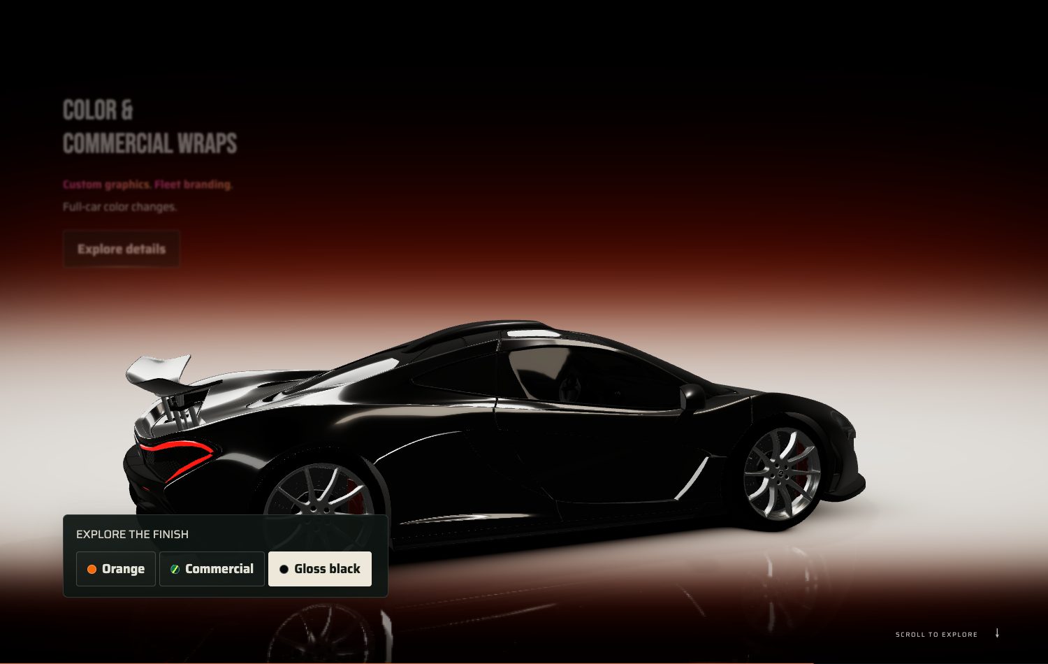Explore the finish: the Orange, Commercial and Gloss black picker, with the car in gloss black