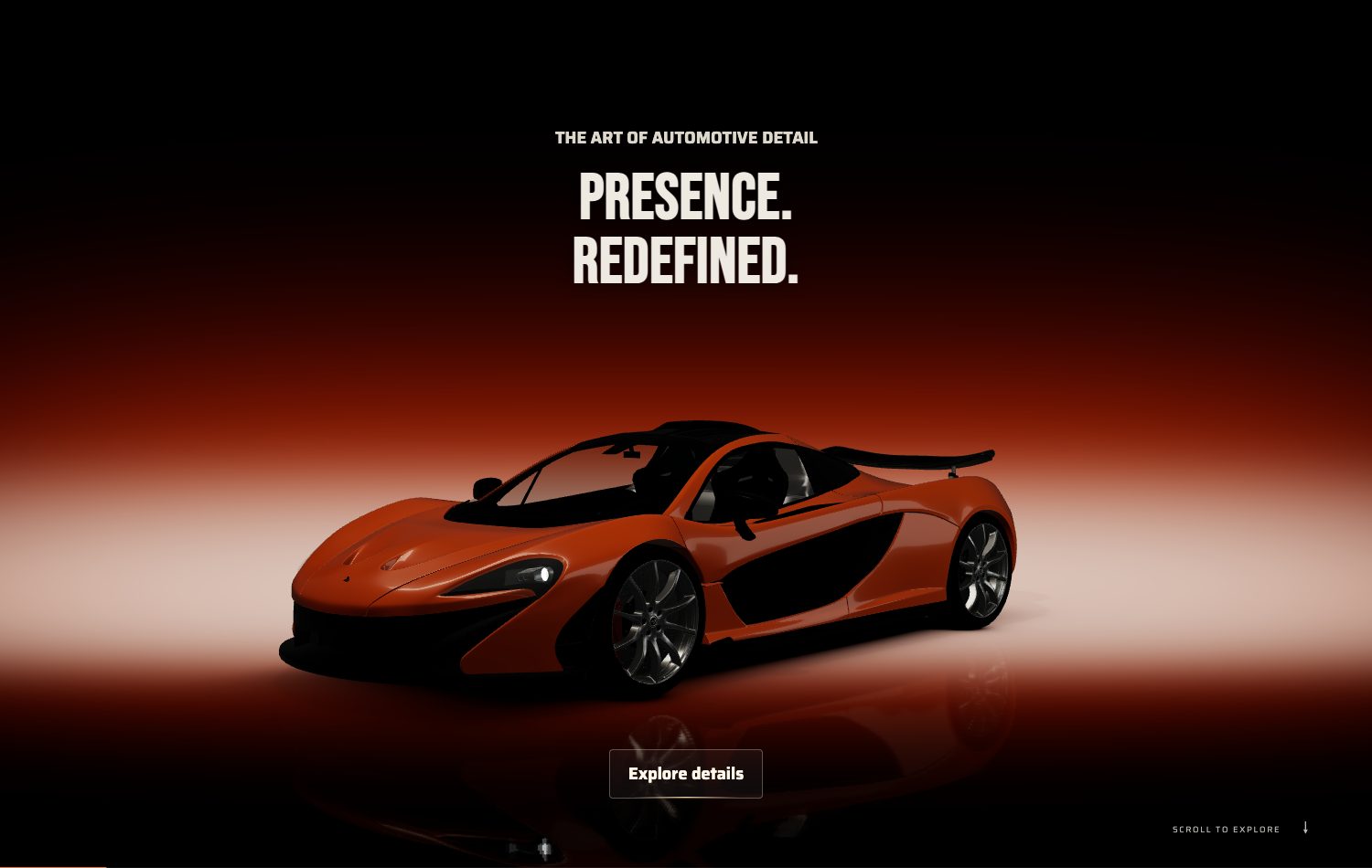 The 3D studio: an orange McLaren P1 lit on a dark stage under Presence. Redefined.