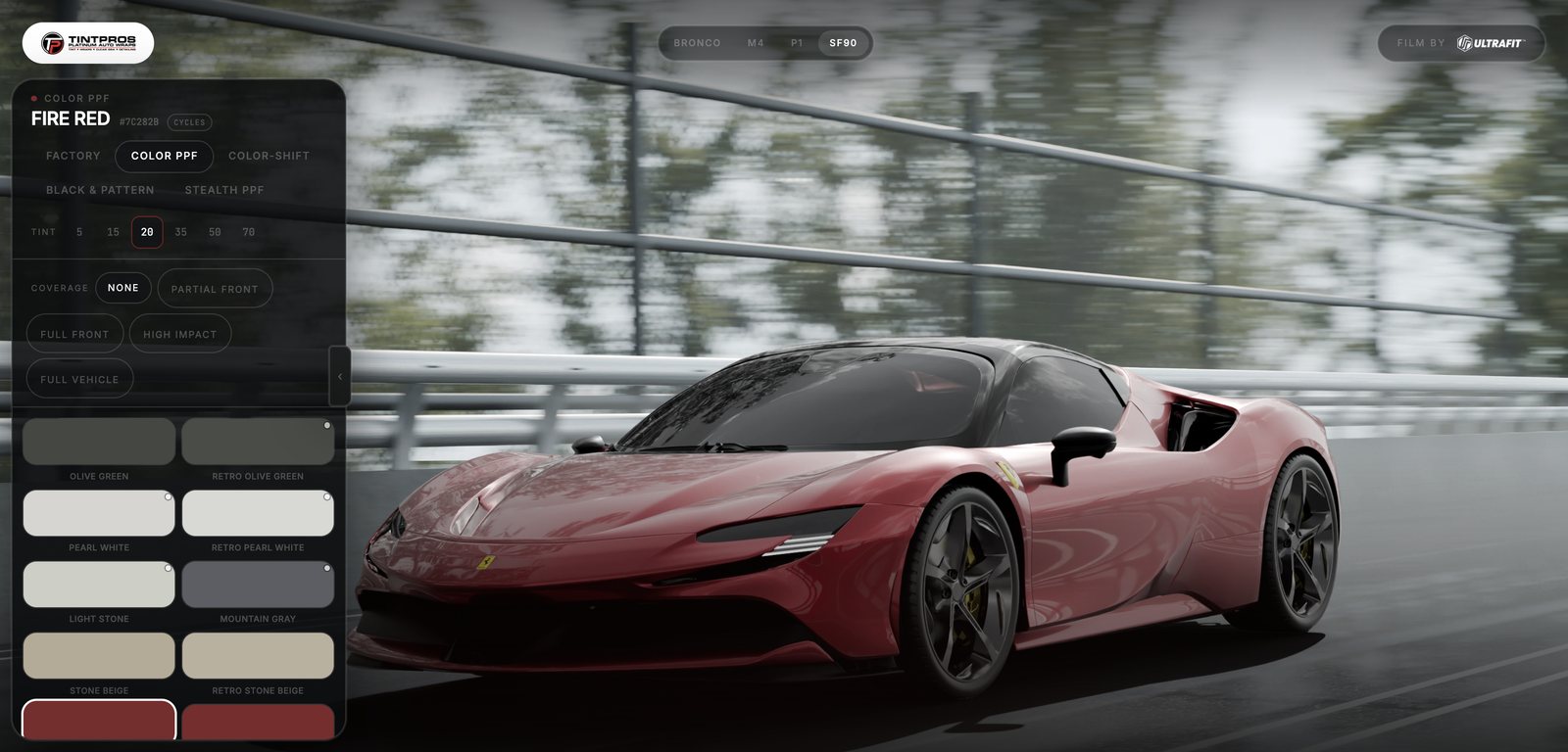 3D vehicle studio: pick a car, swap PPF colors, set clear PPF coverage and tint shade
