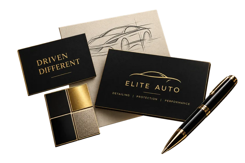 Black and gold business cards for an auto detailing brand, with a sketch of a car and a gold pen