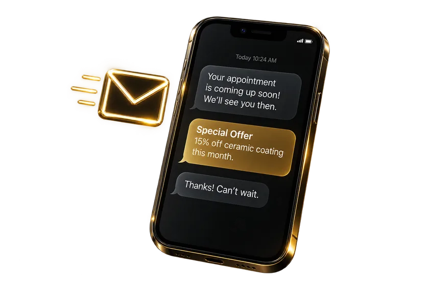 A phone showing an appointment reminder and a ceramic coating offer in a text thread, beside a gold envelope