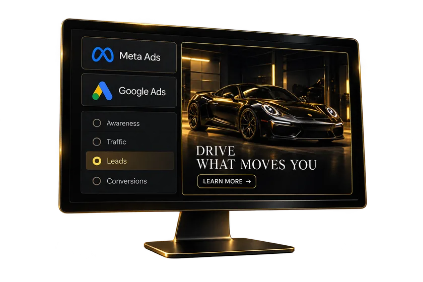 A campaign manager showing Meta Ads and Google Ads objectives beside a gold-lit sports car ad creative