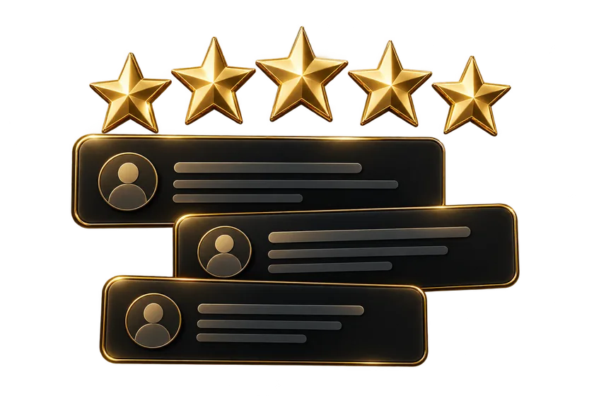 Five gold stars above three stacked five-star customer review cards