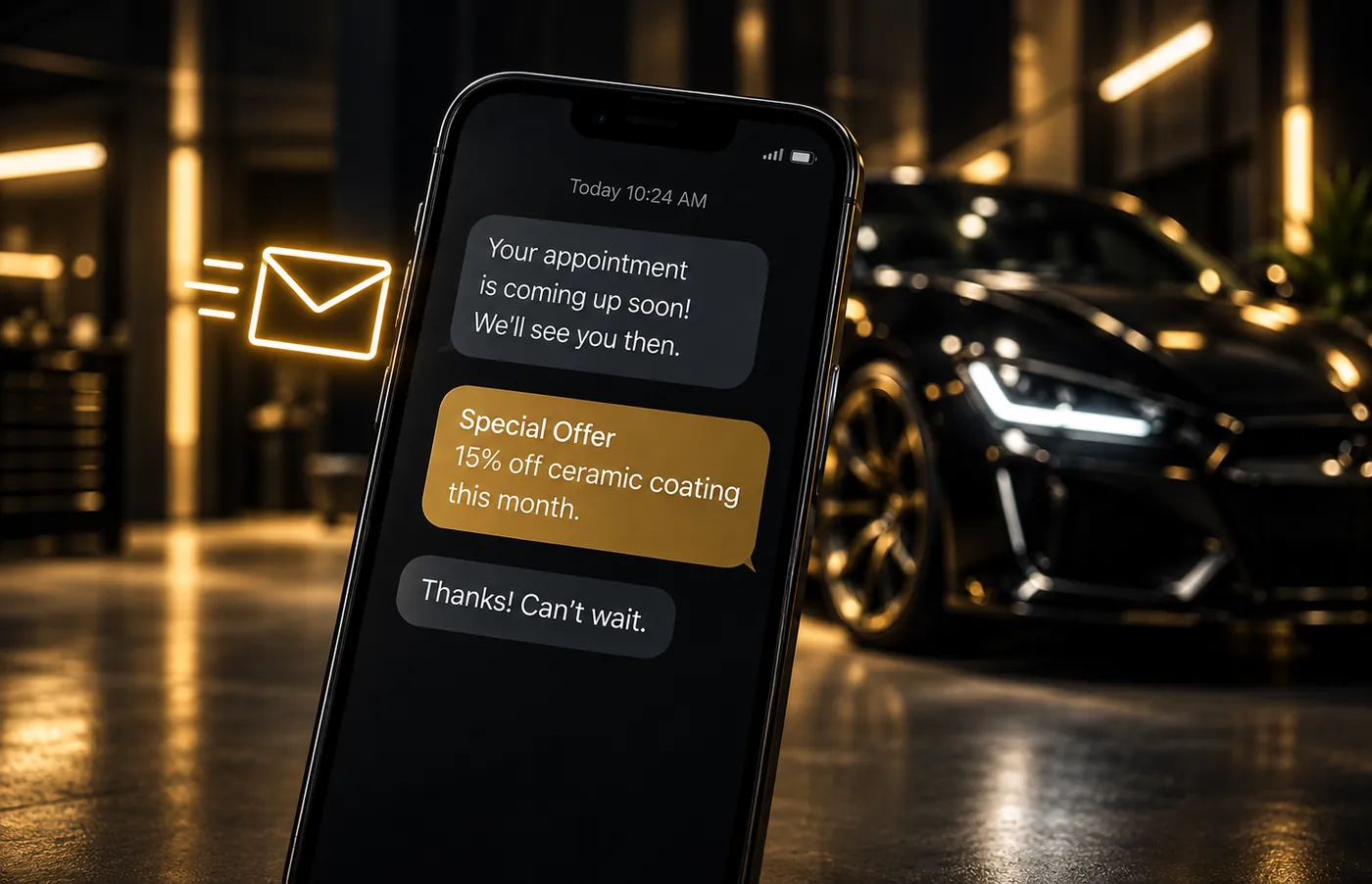 A phone showing an appointment reminder and a ceramic coating offer in a text thread, inside a detailing shop