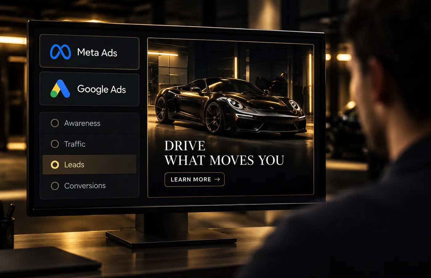 A shop owner at a monitor running Meta Ads and Google Ads campaigns, objective set to Leads, next to a finished ad for a black sports car