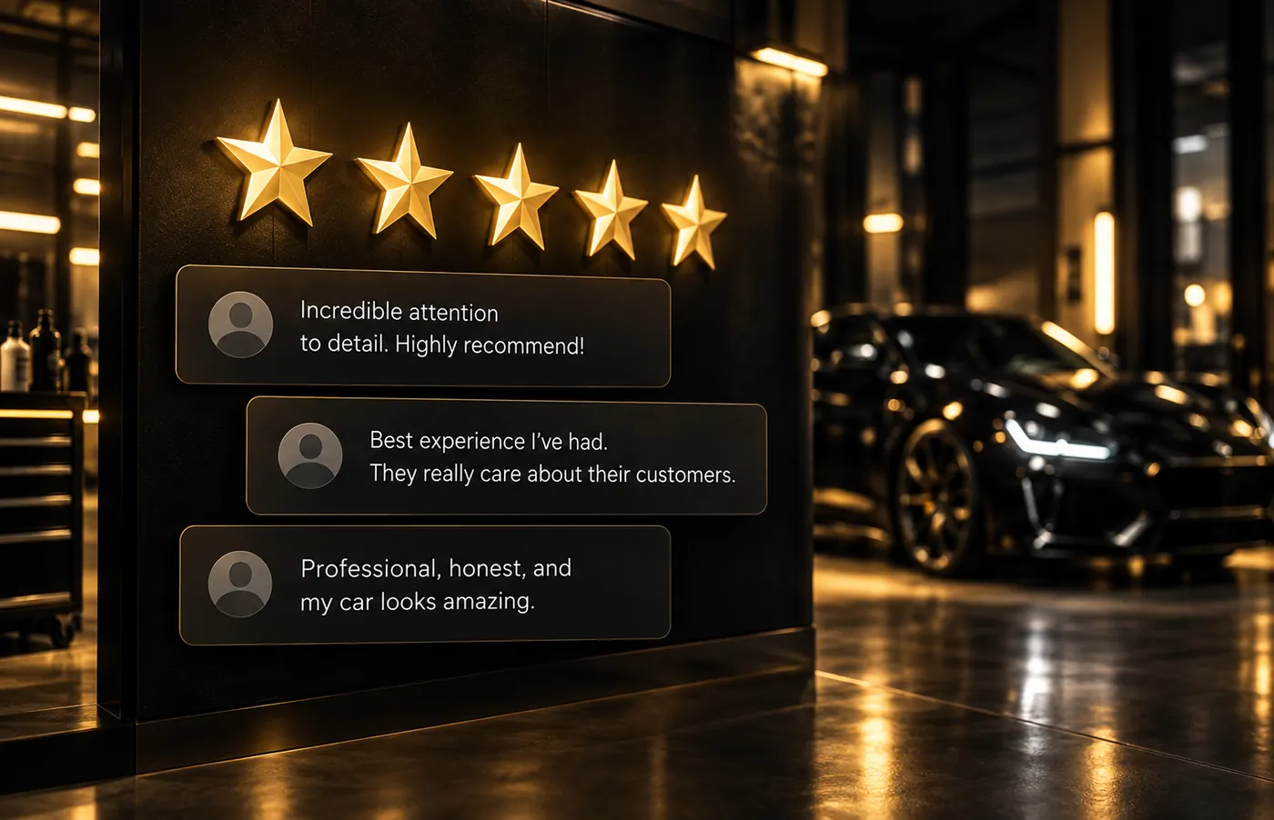 Five gold stars mounted on a shop wall above three customer review cards, with a black car in the bay behind
