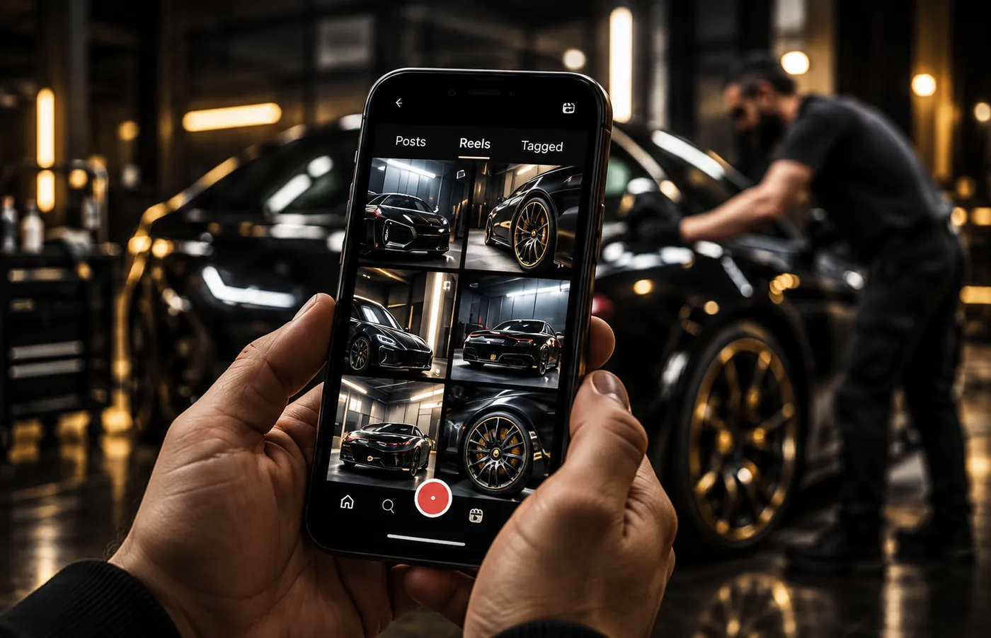 Hands holding a phone showing an auto shop's Instagram grid of car photos, while a detailer works on a black car behind