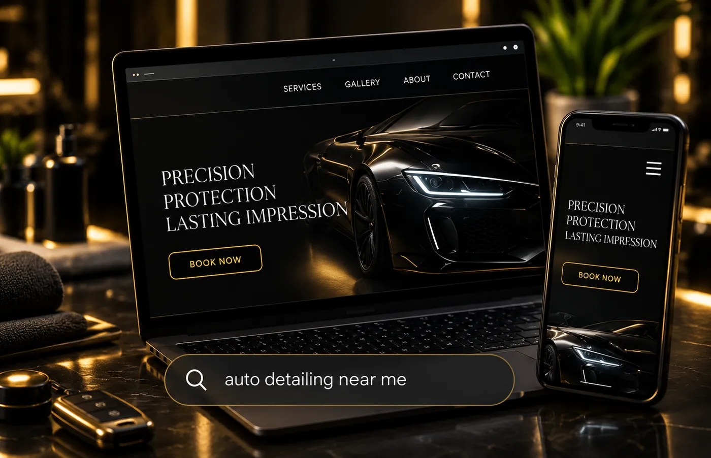 An auto detailing website shown on a laptop and a phone, with a search bar reading auto detailing near me