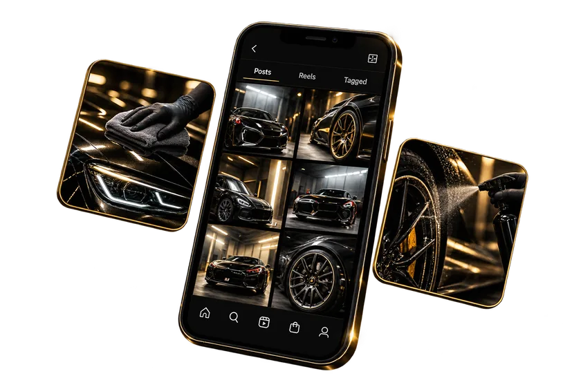 A phone showing a shop's Instagram grid of detailing shots, with two more photo tiles floating beside it