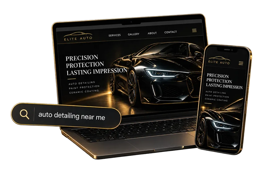 An auto detailing website shown on a laptop and a phone above a search bar reading auto detailing near me